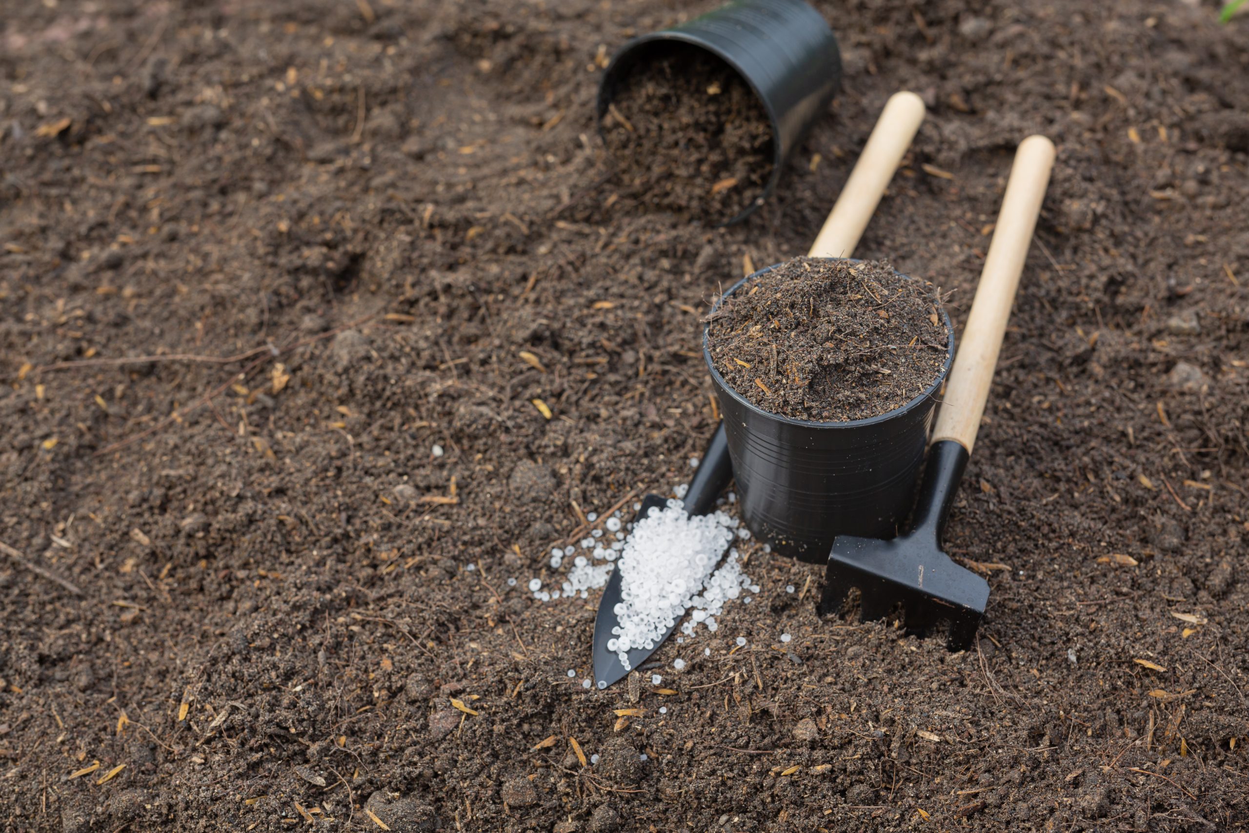 close up picture of garden equipment put on soil
